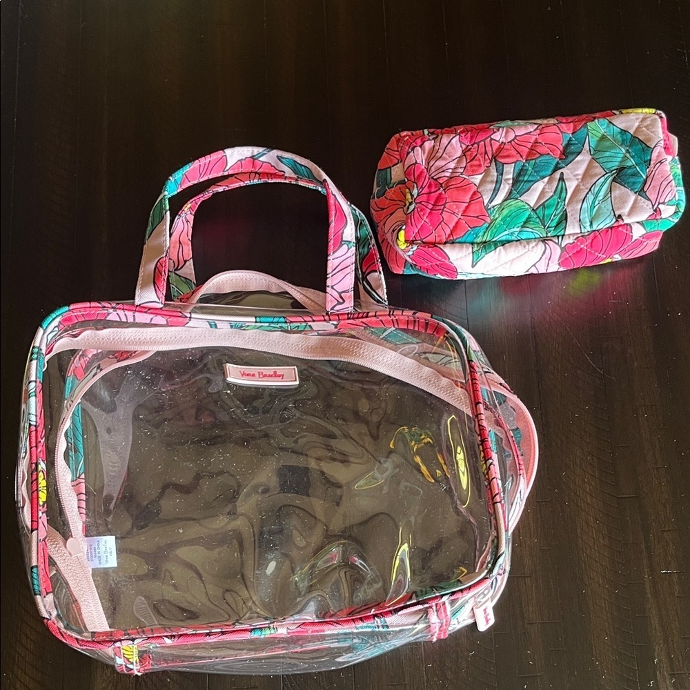 Vera Bradley Pink and Green Floral Clear Travel Set w/ Make Up Pouch